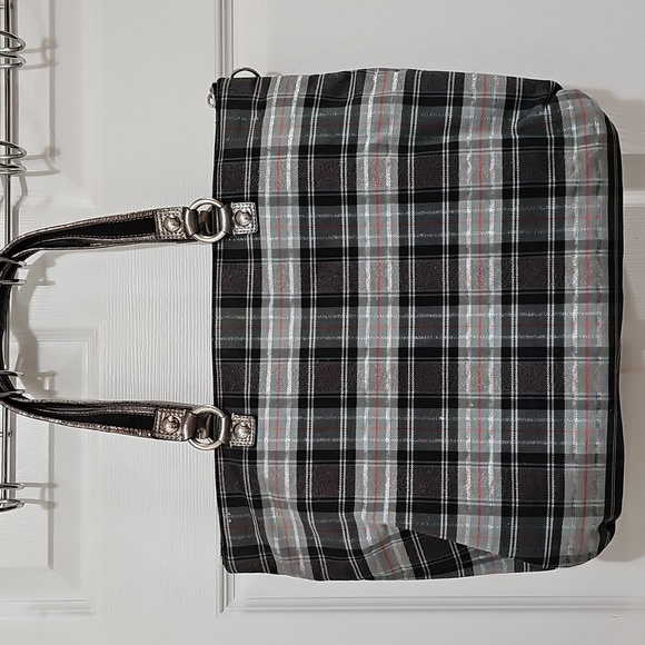 Coach Poppy Plaid Lurex Tartan Black and Gray Women's Tote Bag - Picture 7 of 17